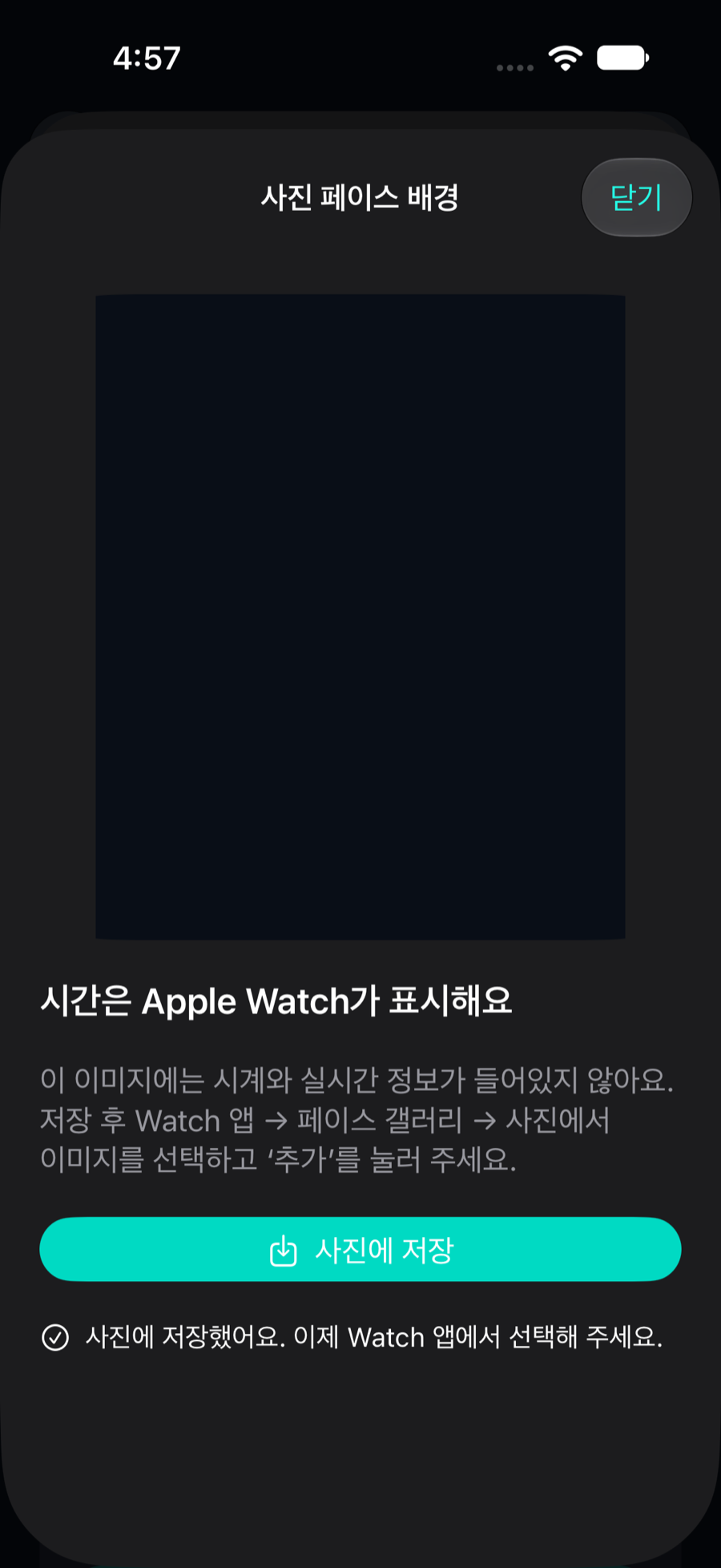 사진 페이스 배경 실제 캡처. 시간은 Apple Watch가 표시해요라는 안내와 사진 저장 완료 문구.
